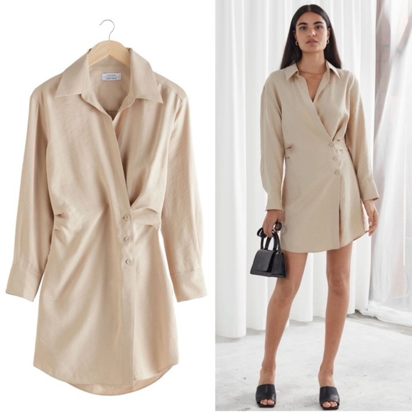 & Other Stories Asymmetric Mini Shirtdress in Tan Size 0 Wrap - Picture 1 of 9
